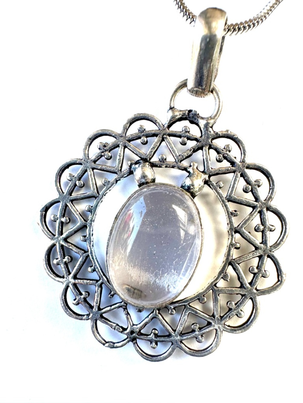 Clear Quartz Silver Plated Gemstone Pendant Necklace Filigree